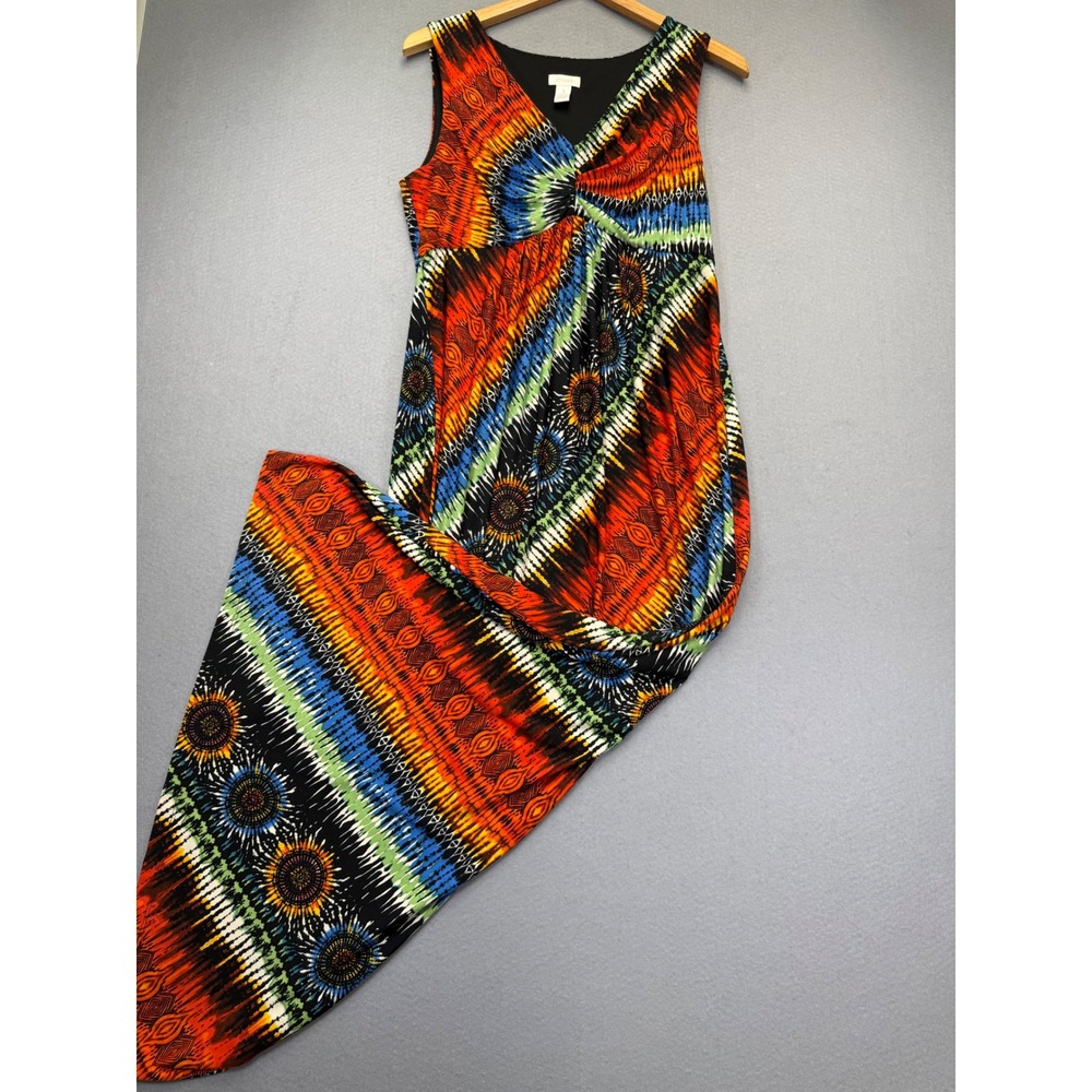 Chicos Womens Size 1 Abstract Tribal Sunburst Print V-Neck Sleeveless Maxi Dress